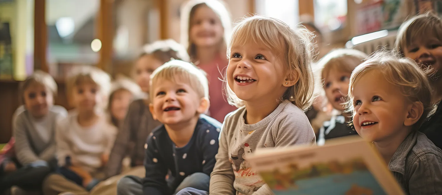 Gruppe von Kindern lauschen gespannt beim Vorlesen