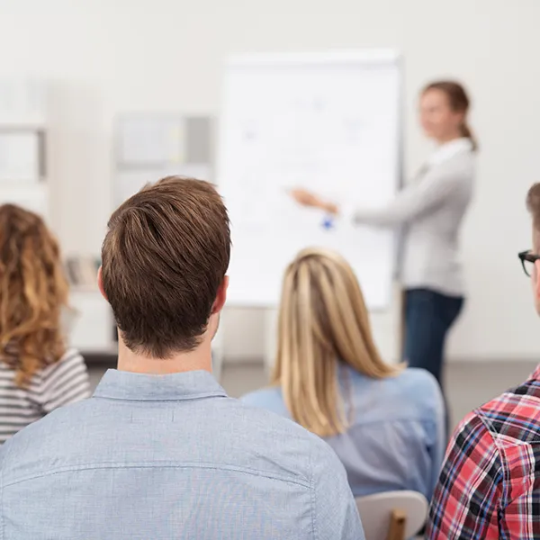 Frau hält einen Vortrag am Flipchart vor einer Gruppe